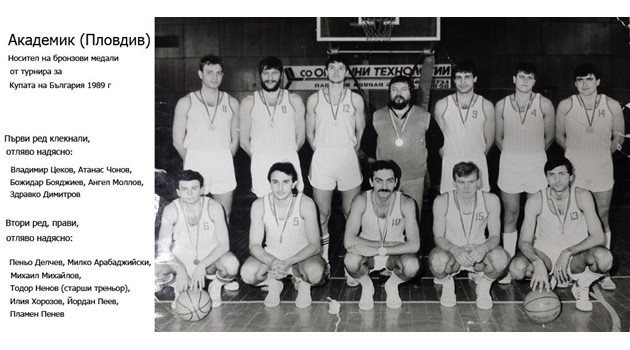 Здравко Димитров (последният вдясно клекнал) с отбора на “Академик” през 1988 г. В средата на първия ред е съотборникът му Божидар Бояджиев.