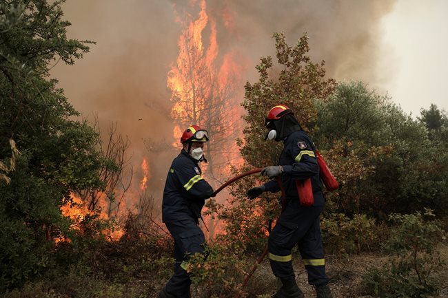 Пожарникари гасят пламъците в село Авгария на гръцкия остров Евбея.

