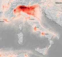 Изображение от спътника Copernicus Sentinel-5P показва емисиите на азотен диоксид над Северна Италия през януари 2020 г., преди налагането на националната блокада за ограничаване на коронавируса.

