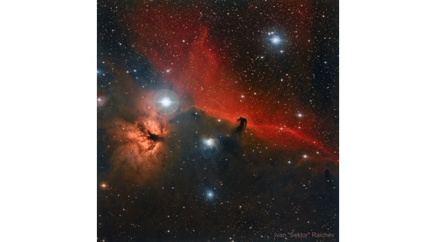 Мъглявините Конска глава (Heorshead) и Пламък (Flame) в компанията на звездата Алнитак се намират в съзвездието Орион. Регионът е същинско космическо зрелище, защото е съвкупност от всички видове мъглявини – емисионни, отражателни и тъмни. Най-добре се снима през зимата.
ИЗОБРАЖЕНИЕ: ИВАН РАЙЧЕВ