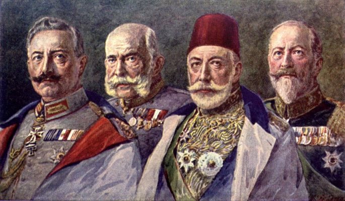 Централните сили от ляво на дясно: кайзер ВилхелмІ, император Франц ЙосифІ, султан Мехмед V и цар Фердинанд