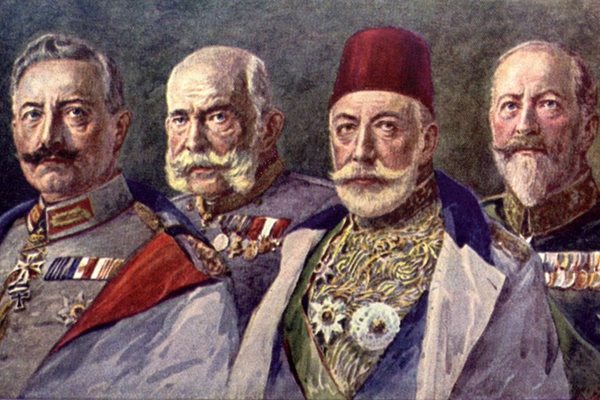 Централните сили от ляво на дясно: кайзер ВилхелмІ, император Франц ЙосифІ, султан Мехмед V и цар Фердинанд