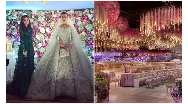 Булката на богаташкия син Саид Гуцериев Хадижа едва носи сватбената си рокля с камъни, които тежат 50 кг.