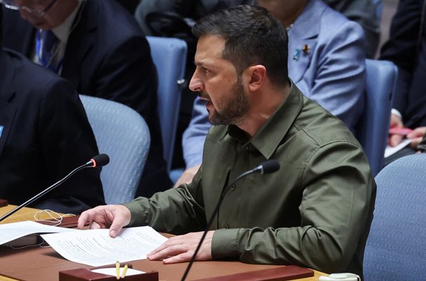 Володимир Зеленски по време на речта си пред Съвета за сигурност на ООН СНИМКА: Ройтерс