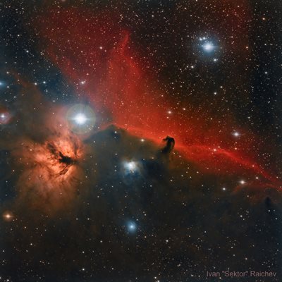 Les nébuleuses Heorshead et Flame sont situées en compagnie de l'étoile Alnitak dans la constellation d'Orion.  La région est considérée comme un véritable spectacle cosmique, car c'est un ensemble de tous types de nébuleuses - émission, réflexion et noirceur.  Il est préférable de le photographier en hiver.  Photo : Ivan Raychev