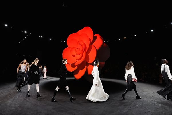 Гигантска камелия в средата на подиума и изобилие от това зимно цвете показа "Шанел" на седмицата на модата в Париж СНИМКИ: Ройтерс