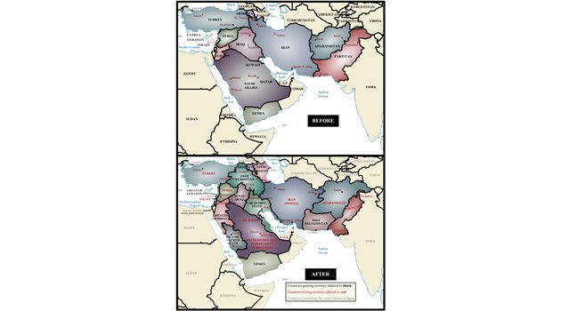 Картата на ген. Питърс, чийто план предвижда раздробяване на Турция и Саудитска Арабия и нови граници в Близкия и Средния Изток. 