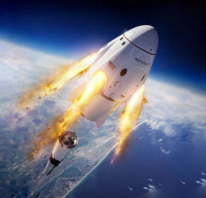 Капсулата Dragon, която ще се отдели от ракетата Falcon 9. Илюстрация: SpaceX