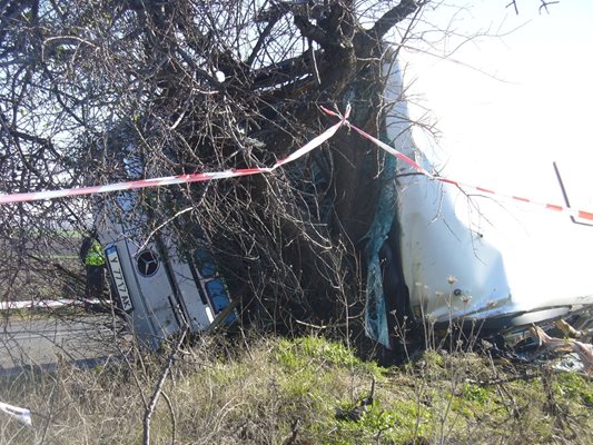 Предницата на автобуса се заби здраво в крайпътно дърво при обръщането.