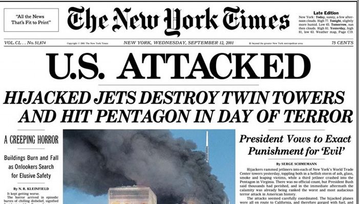 Първа страница на в. "Ню Йорк таймс" ден след атаката на 11 септември 2001 г.