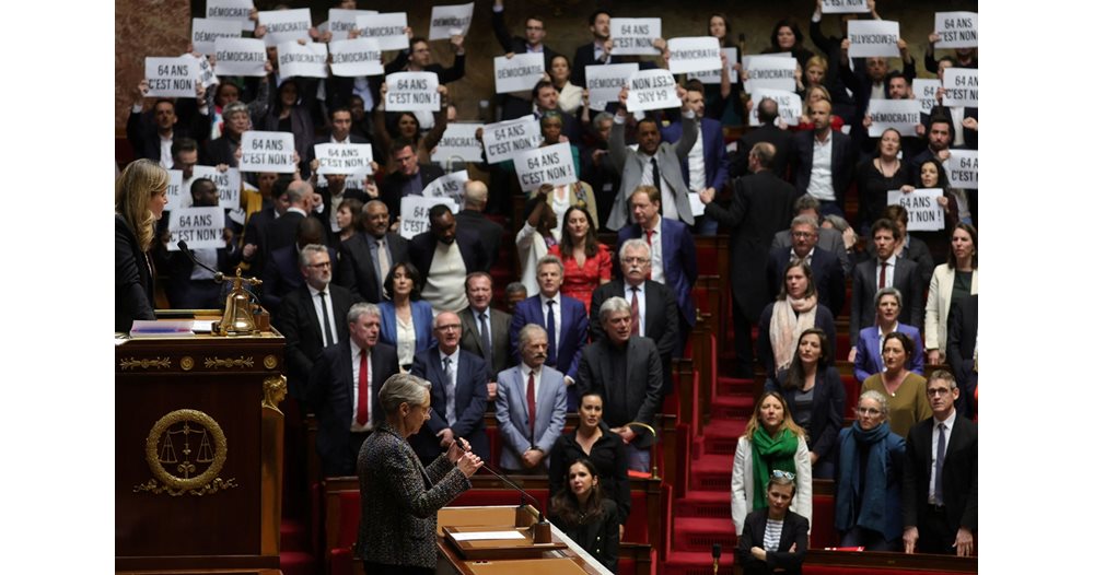 Macron bypasses vote to pass controversial pension reform out of desperation.