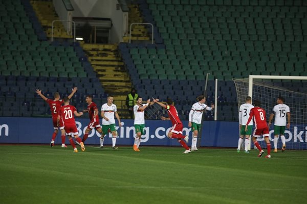 Унгарците се радват след гола на Орбан за 1:0 в 16-ата мин от плейофа за класиране на европейско първенство. СНИМКИ: НИКОЛАЙ ЛИТОВ