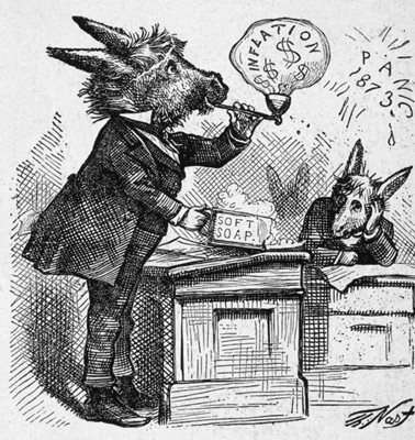 В тази политическа карикатура на Томас Наст конгресмени демократи са представени като магарета, които пускат финансови балони.