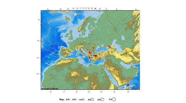 Карта на земетресенията в района в последните 2 седмици