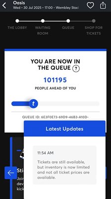 По обяд, три часа след пускането на билетите за “Оейзис‘, фен на групата все още чака на опашка от над 100000 човека. Същата сътрин редящите се пред него в сайта на „Тикетмастър“ са били половин милион.
