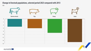 Евростат: Намалял е броят на селскостопанските животни в ЕС през 2023 г.