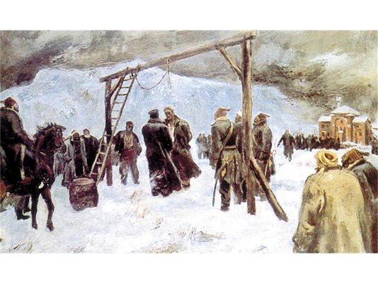 Художникът график и илюстратор Борис Ангелушев (1902-1966) е представен с прочутата си картина "Обесването на Левски".