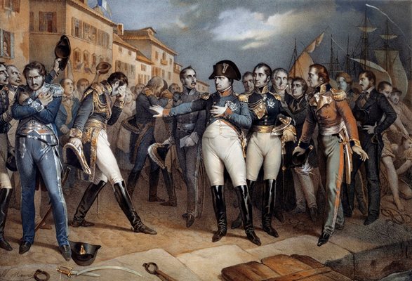 В Египет Наполеон изоставя 30 000 от войниците си, след което атакува Русия с 600 000, от които се връщат във Франция едва 100 000. На картината е увековечен моментът преди да го качат на британски кораб, за да бъде заточен на остров Света Елена.