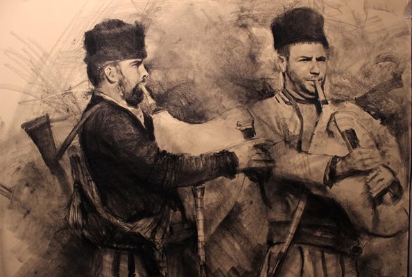 Гайдарите Иван Балабанов и Николай Беляшки, нарисувани също с въглен от Кисьов