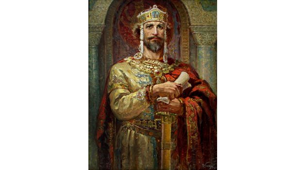 Цар Симеон I заложил на кирилицата от практични съображения - че е по-лесна.
Картината с образа на владетеля е на художника Димитър Гюдженов.