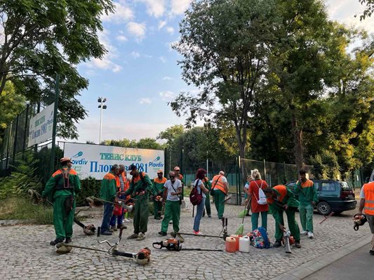 Работниците преди да започнат акцията по почистване на алеите на Младежкия хълм в Пловдив.