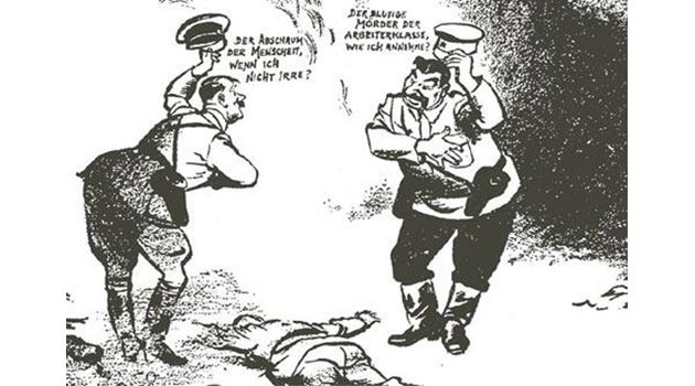 Карикатура на Дейвид Лоу от 1939 г., осмиваща съюза между Хитлер и Сталин: "Хитлер: "Изметът на човечеството, ако не греша?" Сталин: Кървавият убиец на работническата класа, предполагам?"