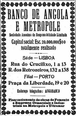 Рекламна обява в португалската преса за Банката на Ангола и Метрополис