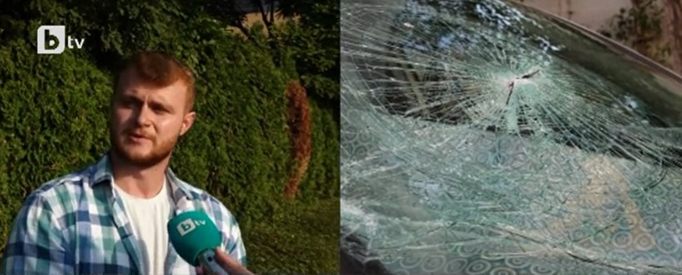 Петър Виденов и разбитото стъкло на автомобила му. Снимка: bTV