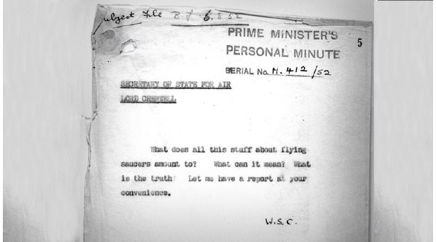 Оригинален документ на искане на Чърчил за доклад относно летящите чини.