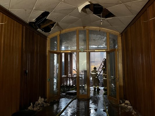 The facade of the burnt-out Copenhagen Stock Exchange partially collapsed PHOTO: Reuters