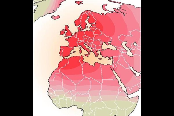 Типично европейската женска хаплогрупа Н.
Колкото по-наситен е цветът, толкова е по-близо до епицентъра на възникването на хаплогрупата и толкова по-голямо е разпространението й сред населението.