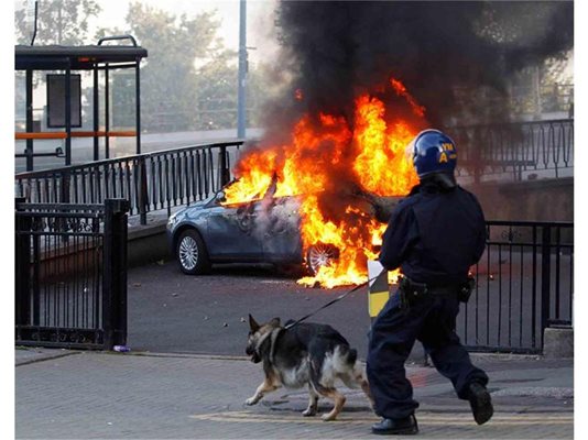 Полицай с куче минава покрай горяща кола.
СНИМКИ: РОЙТЕРС