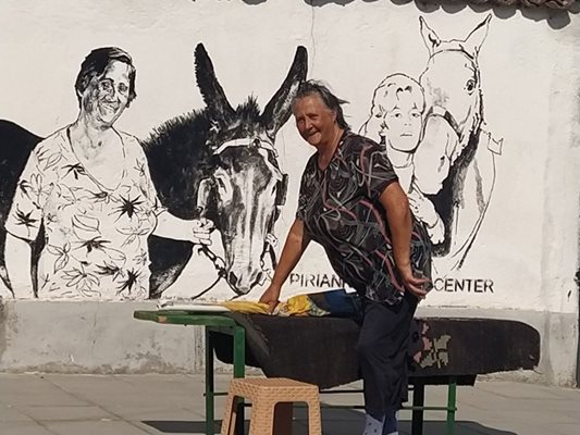 Леля Стефана позира пред фасадата на къщата си, където е изрисувана с магарето си. Вдясно е образът на Бриджит Бардо с коня. 

СНИМКА: АВТОРЪТ