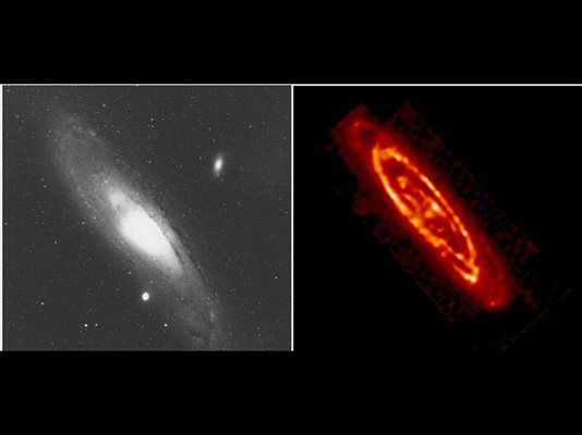 Галактиката "Андромеда", на 2,5 млн. светлинни години, е добър пример за разкриване на загадки чрез инфрачервени наблюдения. Вляво е снимана във видими лъчи, а вдясно е в инфрачервени. Пръстените са от прах с температура минус 260 градуса, чието излъчване оптичните телескопи не могат да видят.
