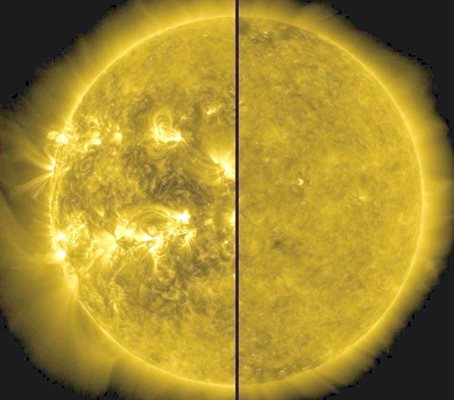 Вляво - Слънцето по време на изригвания, вдясно - когато е спокойно. СНИМКИ: НАСА