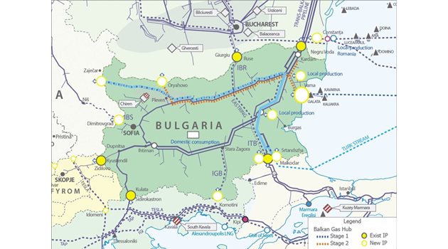 Карта на газовия хъб “Балкан”. Със светлосиньо е маркиран пътят на газа от “Турски поток” през България.