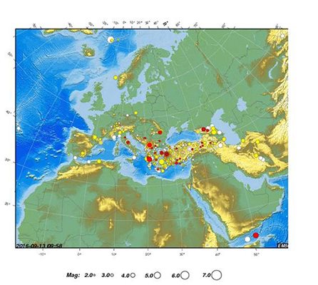 Карта на земетресенията в района в последните 2 седмици