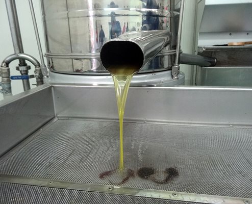 В края на производствения процес току-що произведеният зехтин тече в тънка струйка. За час рафинерията обработва 2 тона маслини.
