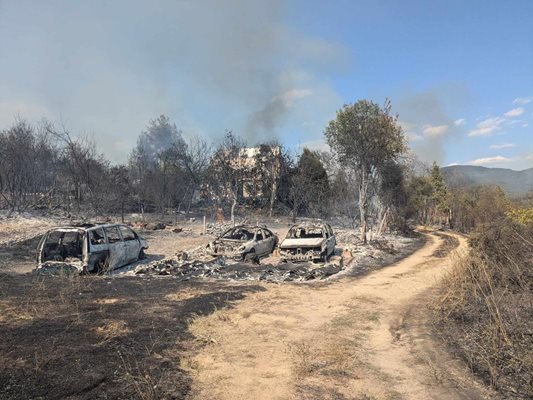 Огънят е изпепелил вили и автомобили. 
Снимка: Община Брезово