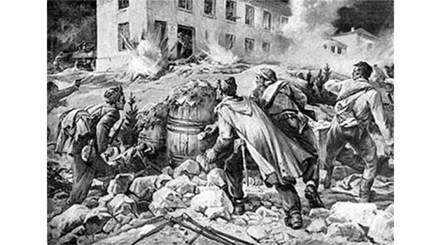 Картина, изобразяваща епохалната битка между партизани и войници на Вермахта в Жабокрек.