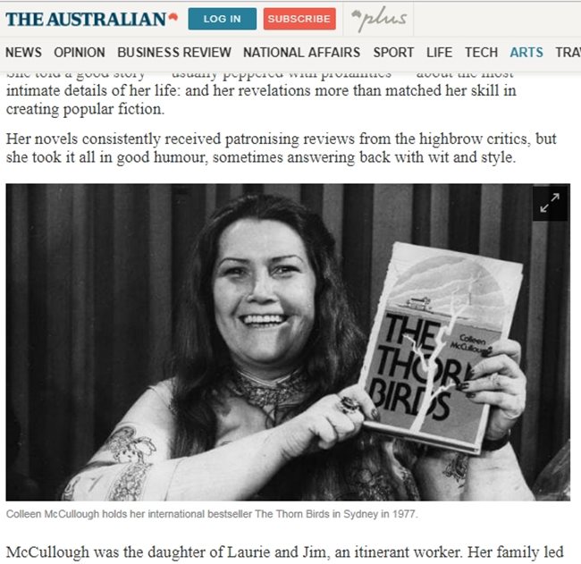 Писателката Колийн Маккълоу Факсимиле: The Australian