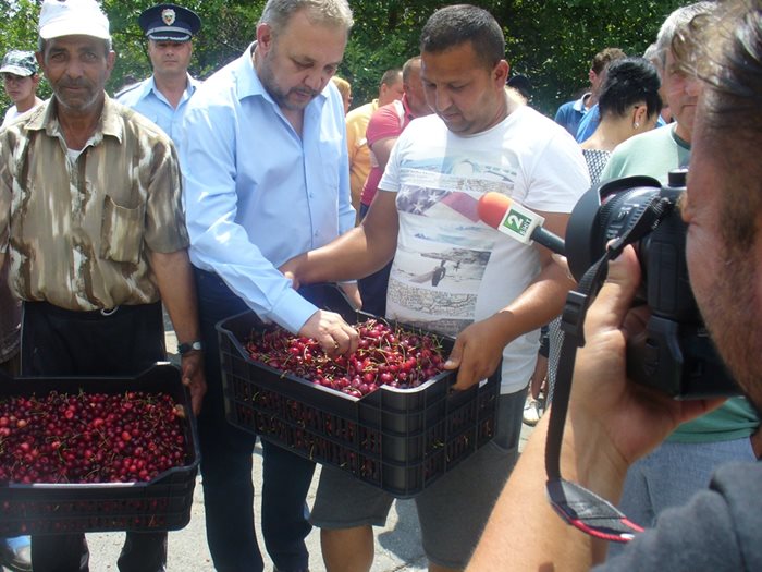 Производителите на череши почерпиха с плодовете си зам.-министъра на земеделието Цветан Димитров /със синята риза/, но двете страни така и не се разбраха.