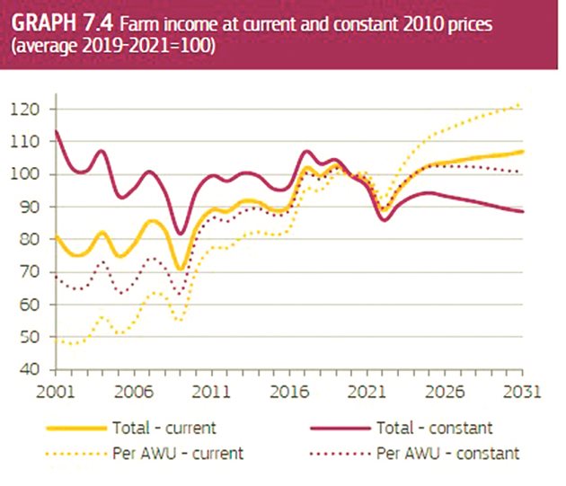 Доход на фермата по текущи и постоянни цени за 2010 г. (средно за 2019-2021=100). В жълто – общо текущи цени; в жълто прекъснато – текущи цени на ГРЕ (годишни работни единици); лилаво – общо постоянни цени; лилаво прекъснато – постоянни цени/ГРЕ.