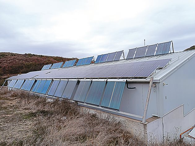 Слънчеви колектори за затопляне на вода за поливане и фотоволтаици на покрива на сградата, в която се помещава работното помещение, хладилните камери, вътрешния резервоар за вода и управлението на автоматизацията