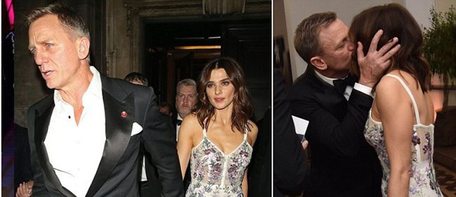 Даниел Крейг пристигна на партито след филма с жена си Рейчъл Уайз, която целува през цялото време