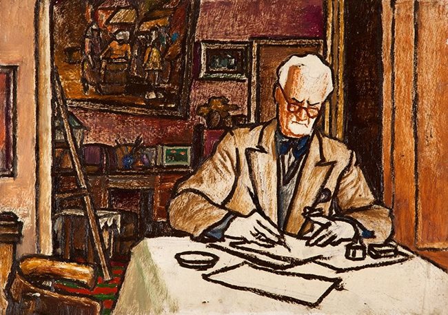Славка Денева - "Борис Денев рисува на масата у дома", 60-те години.