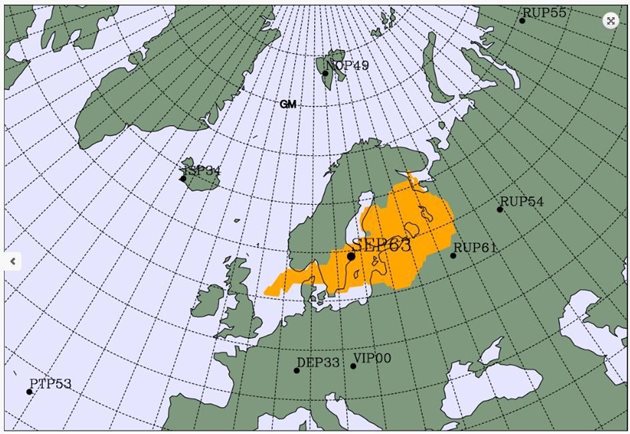 Шведската станция SEP63 регистрира леко повишаване на нивата на 3 изотопа над част от Европа - показана в жълто на картата.

