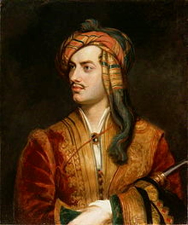 Поетът Джордж Байрон в албанска носия - картина на Томас Филипс от 1813 г. Съхранява се в резиденцията на британския посланик в Атина.