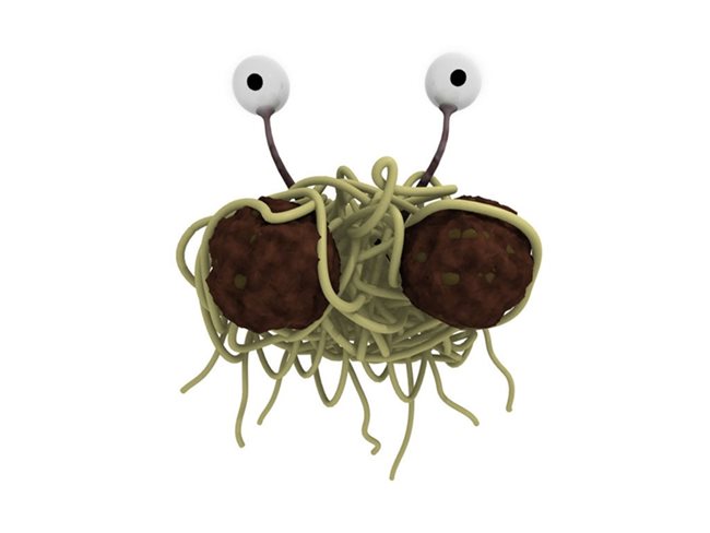 Така изглежда спагетеното чудовище според пастафарианците - две кюфтета и спагети. Във вегетарианската секта на религията се твърди, че кюфтетата са картофени.