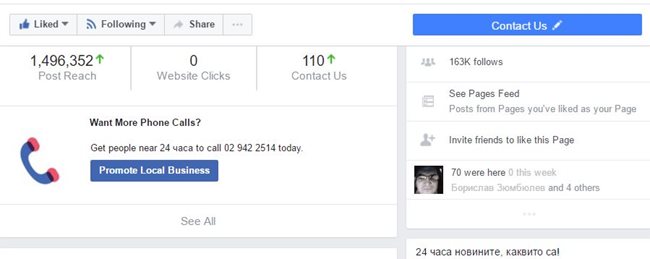 Статистиката от фейсбук страницата на 24chasa.bg - Post Reach наближава 1 500 000 потребители. Това са българите у нас и в чужбина, "абонирани" за информацията на "24 часа" - те виждат нашите постове във фейсбук когато са в профила си в социалната мрежа.